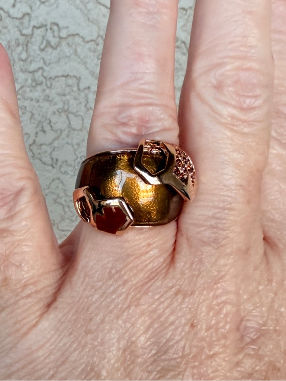 Vintage 90’s Camille Lucie Rose Gold, Tan Enameled CZ Deco Ring